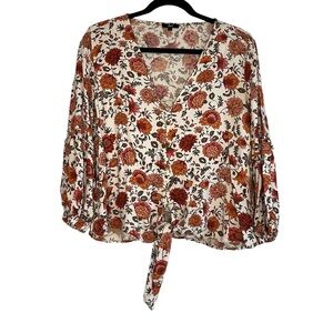 2/$30 ELA Floral V-Neck Blouse with Tie-Front - Cream Red and Orange